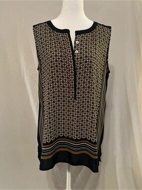 LOFT Sleeveless Geometric Print Shell in Navy Blue, Tan, and Brown